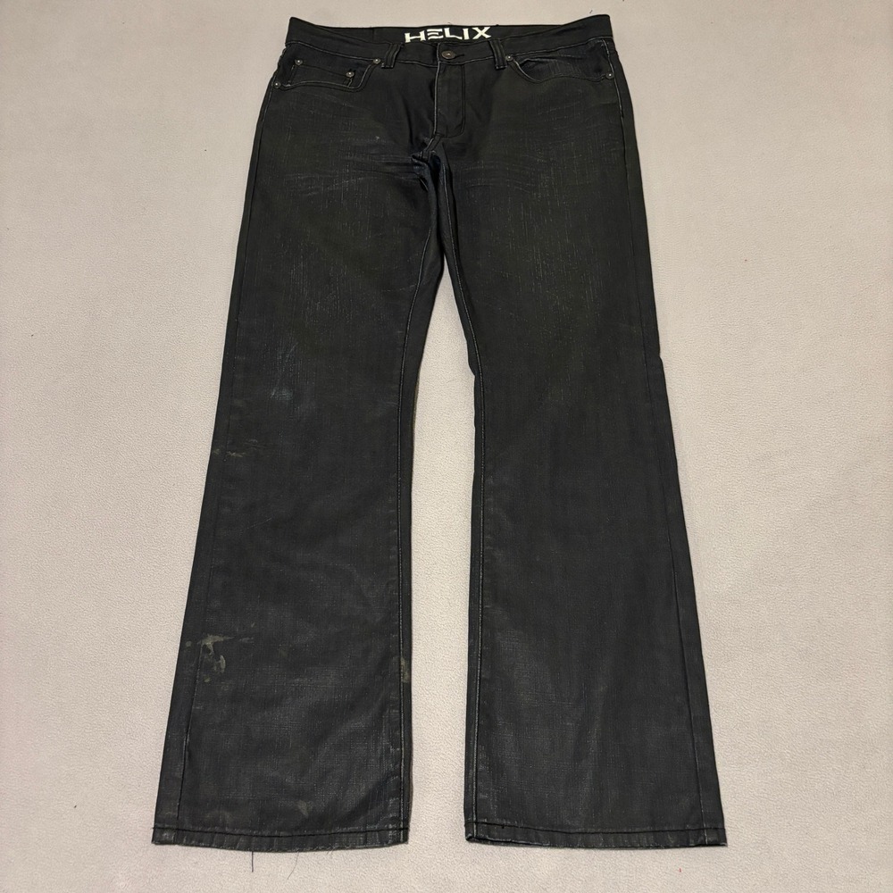 Helix Slim Boot Jeans Mens 36x32 Black Coated Denim Distressed Grunge Rock Metal